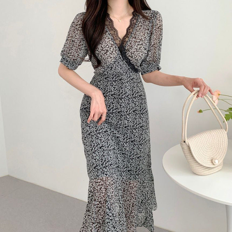 Summer New French Style V-neck Lace Edge Puff Sleeve Dress - Image 3
