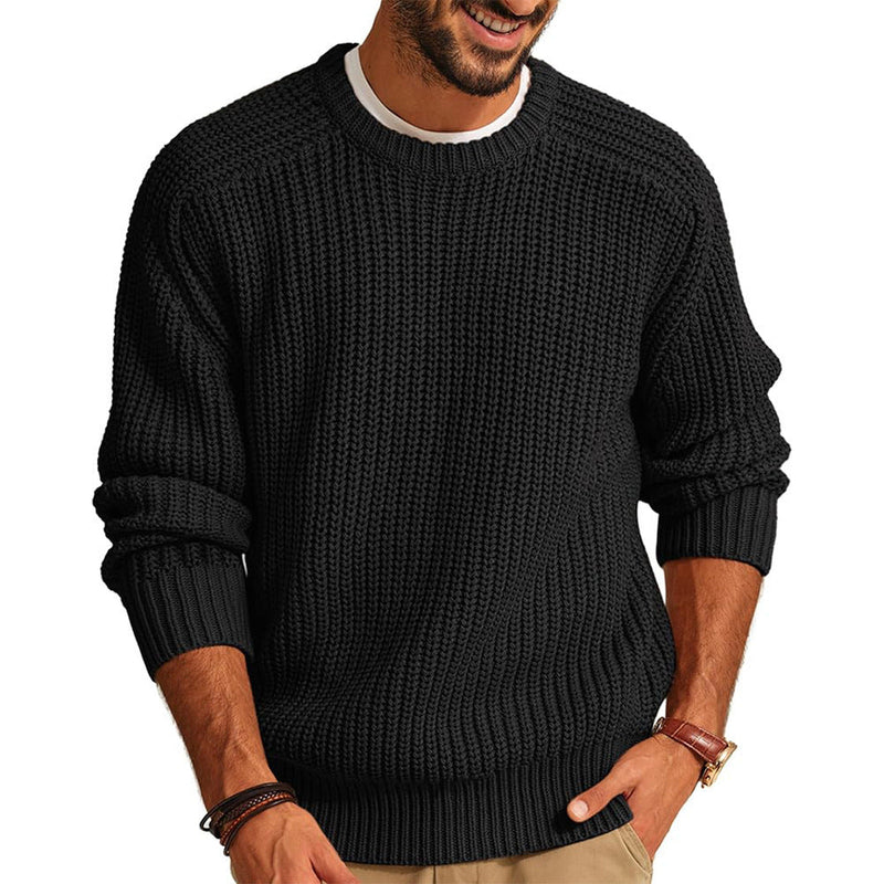 Men's Solid Color Long Sleeve Round Neck Fashion Sweater Loose Retro Sweater - Image 4