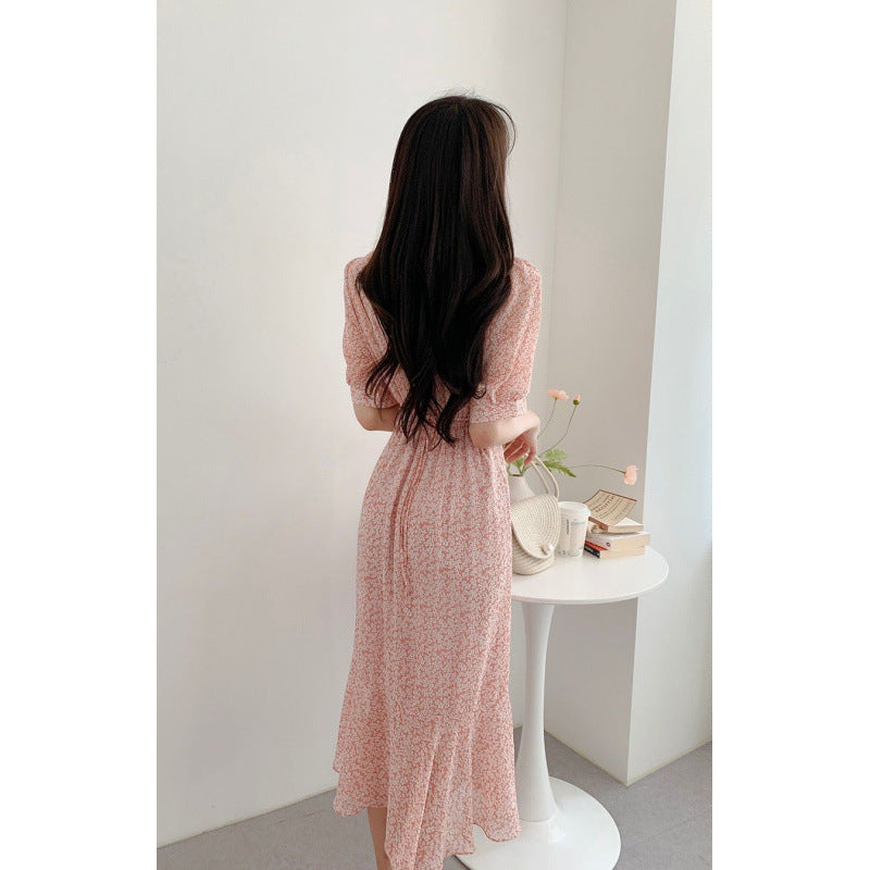 Summer New French Style V-neck Lace Edge Puff Sleeve Dress - Image 4