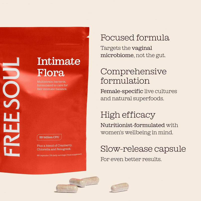 Intimate Flora for Women | 20 Billion CFU Fortified with 15,000mg Cranberry, Fenugreek & Chlorella | Bio Cultures for Women's Intimate Flora | 60 Capsules | Free Soul - Image 4
