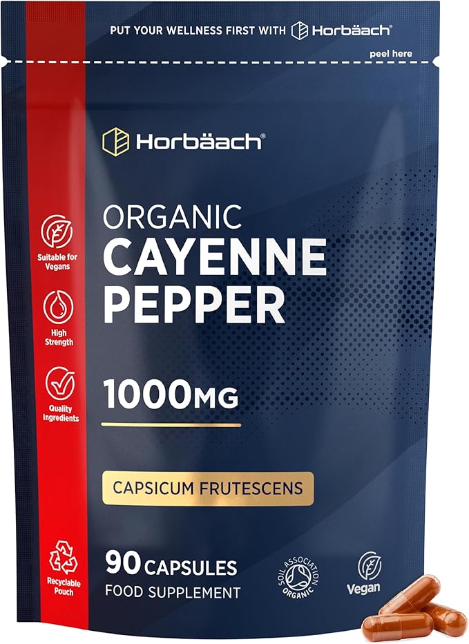 Organic Cayenne Pepper 1000mg | 90 Capsules | Capsicum Frutescens Powder | Suitable for Vegans & Vegetarians | by Horbaach