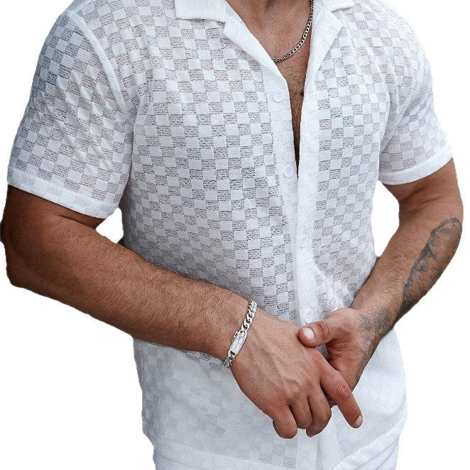Men's Solid Color Lace Hollow Comfort Casual Shirt - Image 3