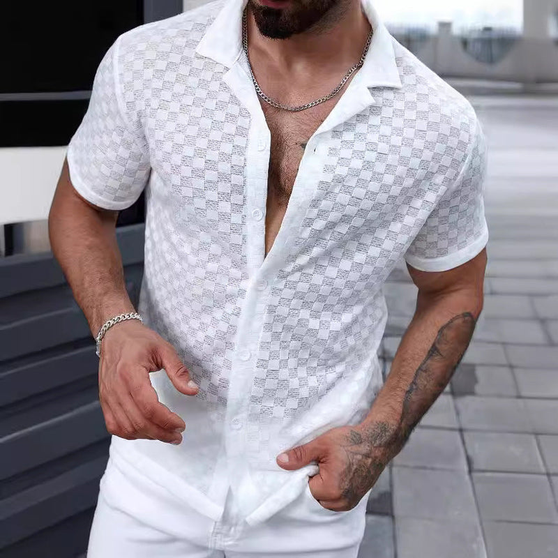 Men's Solid Color Lace Hollow Comfort Casual Shirt