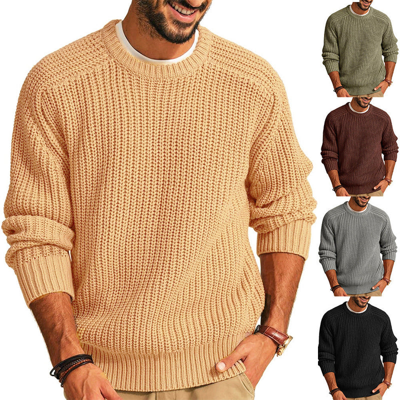 Men's Solid Color Long Sleeve Round Neck Fashion Sweater Loose Retro Sweater - Image 3